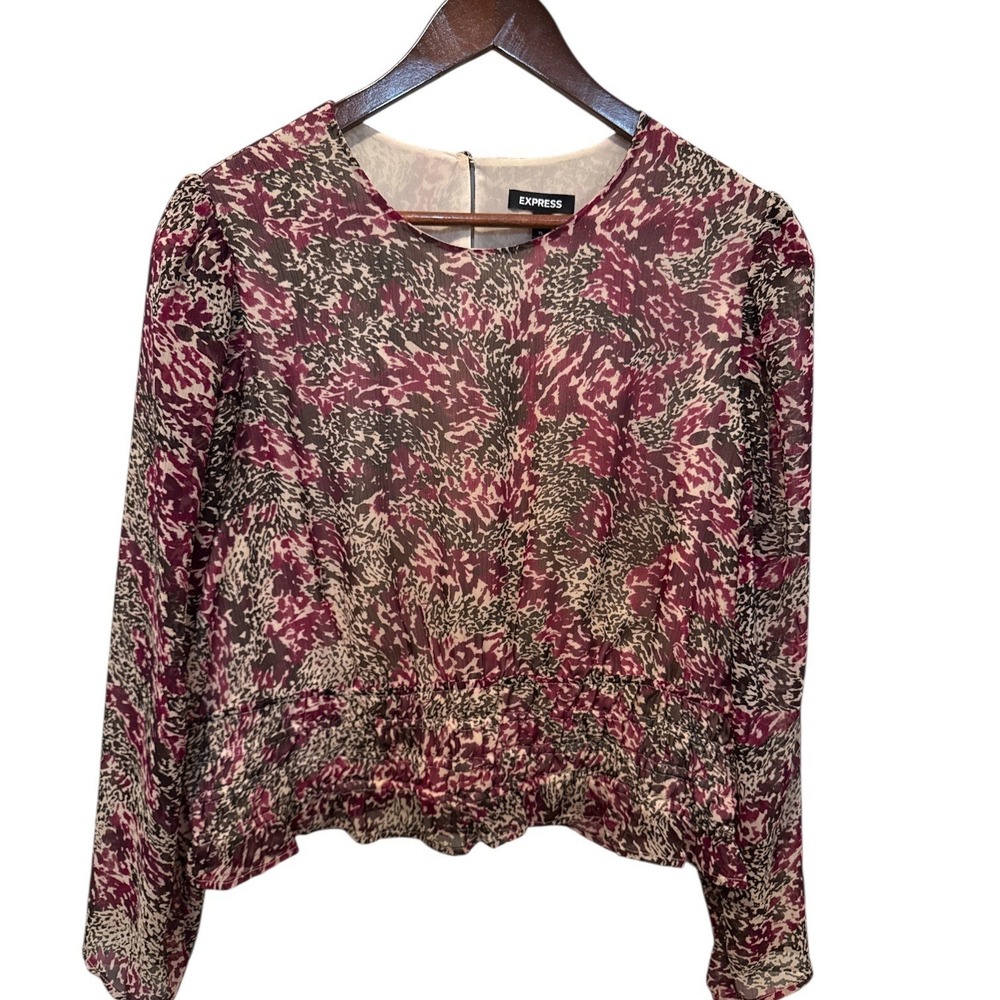 EXPRESS Women's Multicolor Animal Print Peplum‎ Blouse Long Sleeve Top XL Boho